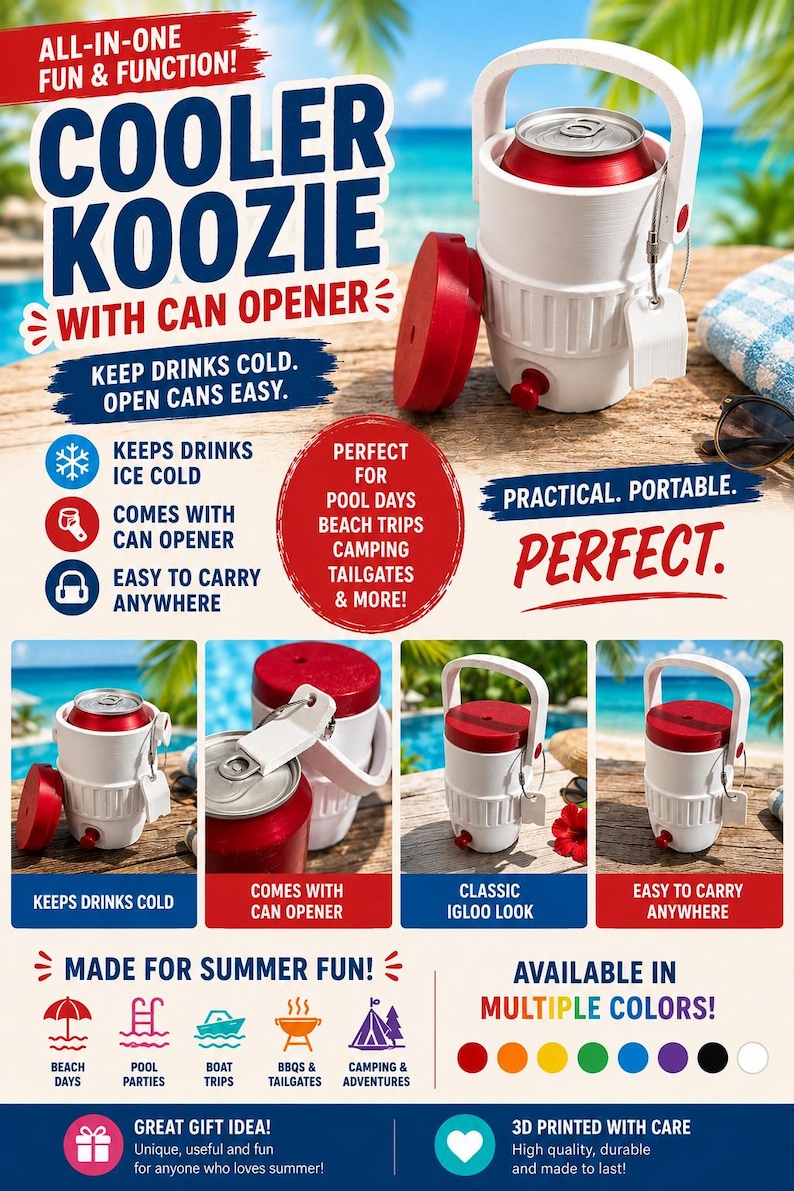 May include: White and red cooler koozie with a can opener, designed to keep drinks cold. The text on the image says "Cooler Koozie with Can Opener". It is perfect for pool days, beach trips, camping, tailgates, and more. Available in multiple colors.