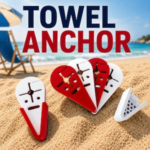 May include: Several red and white towel anchors are displayed on a sandy beach. The anchors have a unique design with a heart-shaped top and a pointed bottom. The text "TOWEL ANCHOR" is displayed in large letters above the anchors.