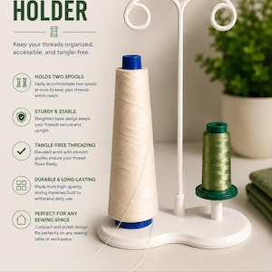 May include: A white dual thread holder with a blue base, holding two spools of thread. One spool is beige, the other is green. The holder has elevated arms for tangle-free threading and is designed for sewing spaces.