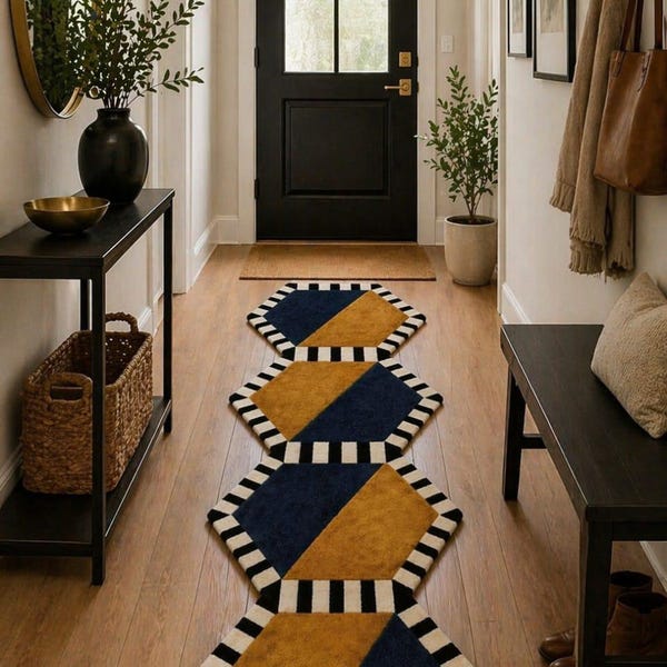 Geometric Hexagon Runner Rug, Hand Tufted Navy Mustard Hallway Carpet