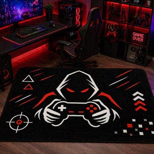 Esports Gaming Rug, Hooded Gamer Controller Design, Black Red Accent, Boys Room Decor