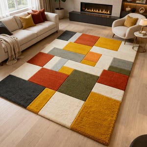 Handgetuft wollen vloerkleed, geometrisch patchworktapijt uit het midden van de eeuw, Scandinavisch statement woondecoratie