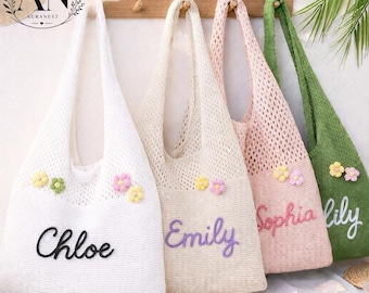 Crochet Tote Bag Personalized, Custom Name Beach Bag, Embroidered Tote, Bachelorette Gift, Summer Bag