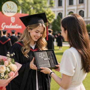 Könnte beinhalten: Ein Geschenkset zur Graduierung mit einem grauen Notizbuch mit einem Waage-der-Gerechtigkeit-Emblem, einem Stift und einem Stifthalter. Das Set wird in einer schwarzen Box präsentiert. Eine Absolventin in Robe erhält das Geschenk.