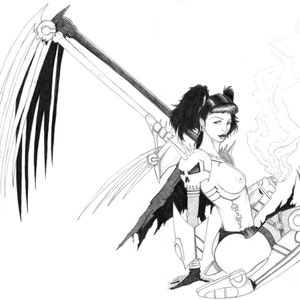 May include: A black and white pencil drawing of a female figure with a large scythe. The figure is wearing armor with a skull design on the shoulder and a skeletal design on the torso. Smoke emanates from the figure's side.