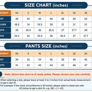 Op de afbeelding: Een maattabel voor jassen en broeken in inches, met twee tabellen met rijen voor borst, schouder, lengte, mouw, taille en lengte voor de maten XS tot 4X. Bevat een opmerking over het kiezen van de juiste maat voor een slim fit pasvorm.