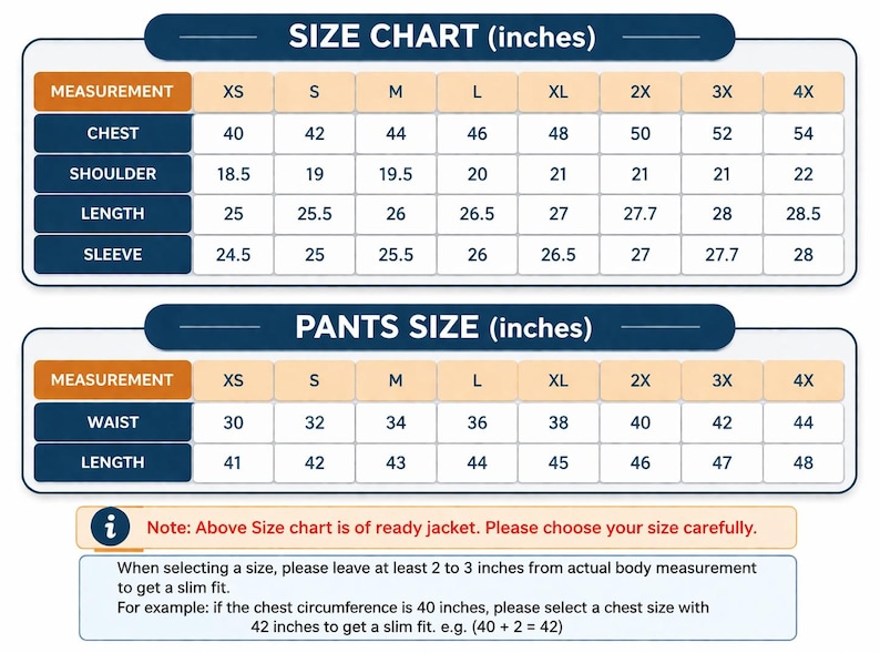 Op de afbeelding: Een maattabel voor jassen en broeken in inches, met twee tabellen met rijen voor borst, schouder, lengte, mouw, taille en lengte voor de maten XS tot 4X. Bevat een opmerking over het kiezen van de juiste maat voor een slim fit pasvorm.