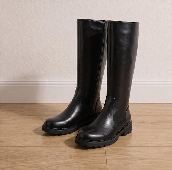 Handmade Black Leather Boots - Knee High Combat Boots - Imperial Officer Style Boot - Minimalist Footwear