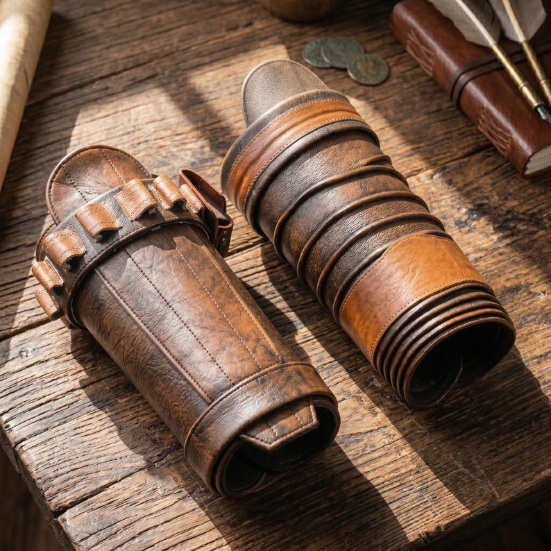 May include: Two brown leather quivers, one with a series of small pockets and the other with a layered design. The quivers are on a wooden surface, with sunlight casting shadows. The leather has a distressed, vintage appearance.