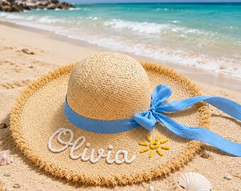 Personalisierte Damen Stroh Sonnenhut, Floppy breite Krempe, gestickter Name, Sommer Strand Urlaub Hut, am Pool Reisen, Brautjungfer Geschenk, Geschenk für Sie