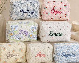 Neceser bordado personalizado, neceser cosmético personalizado, neceser acolchado floral, neceser de viaje, regalo para mujer, detalle para dama de honor