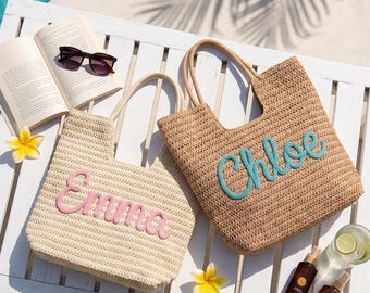 Custom Name Beach Bag, Personalized Beach Bag, Bridesmaid Gift, Summer Bag for Women, Custom Straw Handbag, Bridal Shower Gift for Her