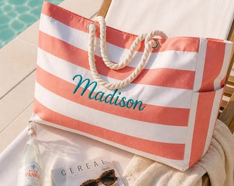 Custom Name Beach Bag, Bridesmaid Gift, Large Travel Tote, Sandproof Waterproof Zipper, Beach Bag for Women, Bridesmaid Gift Ideas