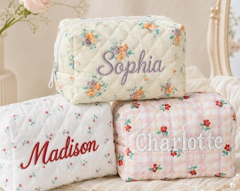 Neceser bordado personalizado, neceser cosmético personalizado, neceser acolchado con estampado floral, organizador de maquillaje de viaje, regalo para damas de honor.