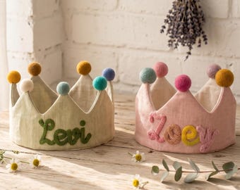 Personalized Linen Birthday Crown, Custom Name Toddler First Birthday Hat, Soft Baby Boy Girl Crown, Rustic Party Supply, Baby Birthday Hat