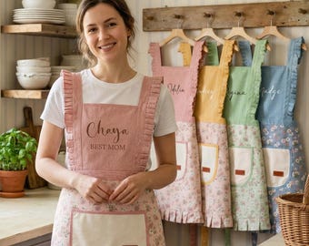 Custom Name Floral Apron,Embroidered Gardening Apron,Mother’s Day Gift for Mom,Flower Kitchen Apron,Personalized Mother’s Day Present
