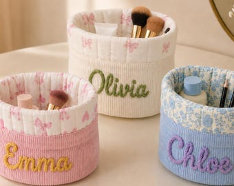 Personalized Corduroy Makeup Bag,Custom Round Cosmetic Pouch,Cute Gift for Her,Practical Vanity Organizer,Travel Makeup Bag,Travel Organizer