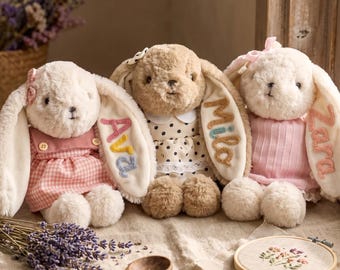 Custom Bunny Plush with Name, Rabbit Doll Gift for Granddaughter, Embroidered Baby Girl Stuffed Animal, Nursery Keepsake
