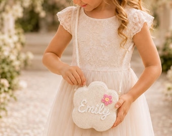 Personalized Kids Flower Bag, Custom Name Crochet Crossbody Purse, Toddler Straw Handbag, Flower Girl Gift, Birthday Present for Girls