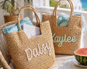 Personalized Straw Tote Bag with Name, Custom Bridesmaid Beach Bag, Summer Rattan Purse for Women, Beach Summer Bag, Wedding Beach Bag
