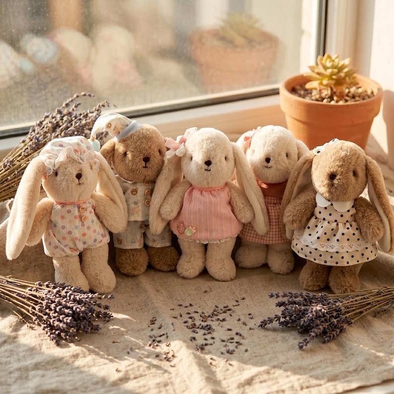 May include: A group of soft toy bunny and teddy bear dolls. The bunnies have long ears and wear dresses or outfits. The teddy bear wears pyjamas. The dolls are in various colours, including pink, white, and brown. The dolls are arranged on a light-coloured surface.