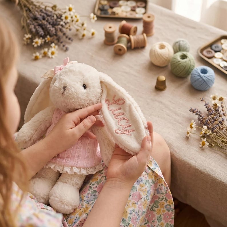 May include: A soft, white bunny rabbit toy with the name "Lucy" embroidered in pink on one ear. The bunny is dressed in a pink dress with lace trim and a pink bow. The image also shows spools of thread, yarn, and flowers.