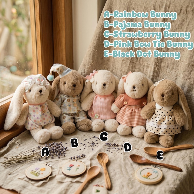 May include: Five soft toy bunnies, each dressed differently. The bunnies are labelled A to E, with descriptions including "Rainbow Bunny," "Pajama Bunny," and "Black Dot Bunny." Wooden spoons and embroidered hoops are also present.