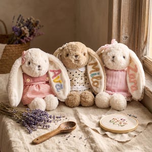 May include: Three soft toy bunny rabbits, each with a name embroidered on their ears. The bunnies are dressed in pink and beige dresses, with bows. A wooden spoon, lavender and an embroidery hoop are in the foreground.
