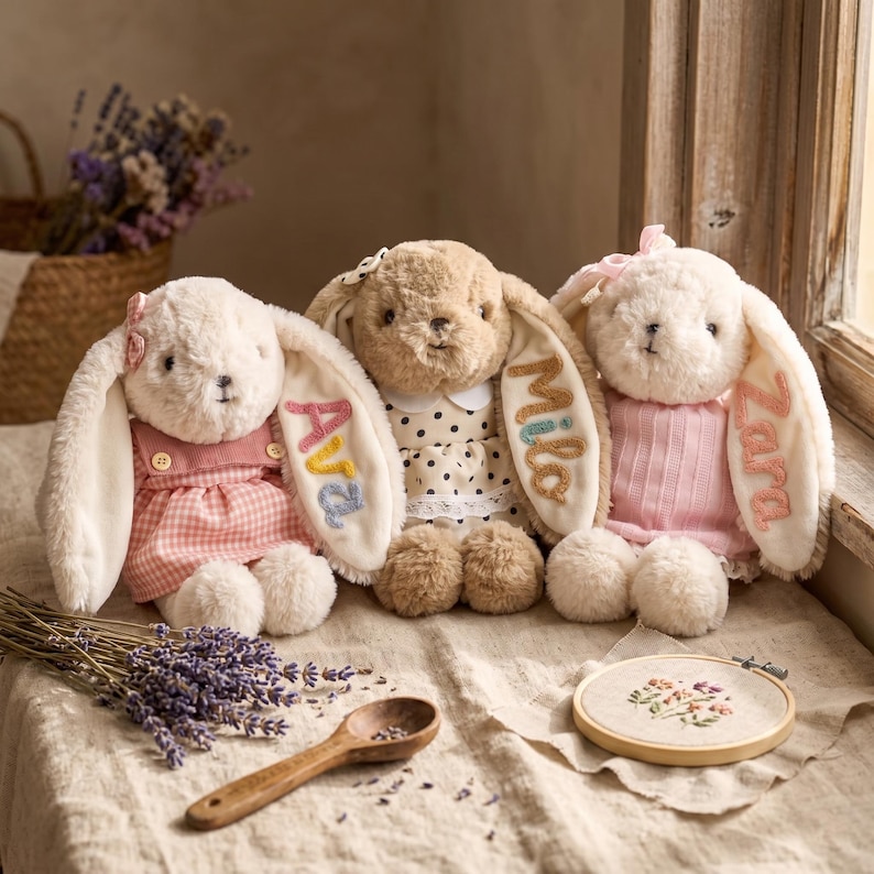 May include: Three soft toy bunny rabbits, each with a name embroidered on their ears. The bunnies are dressed in pink and beige dresses, with bows. A wooden spoon, lavender and an embroidery hoop are in the foreground.
