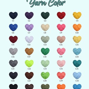 May include: A colour chart displaying 35 heart-shaped yarn samples in diverse shades, labelled C1 to C35. The text "Yarn Color" is at the top. Colours include navy, purple, green, red, yellow, blue, lavender, beige, pink, and orange.