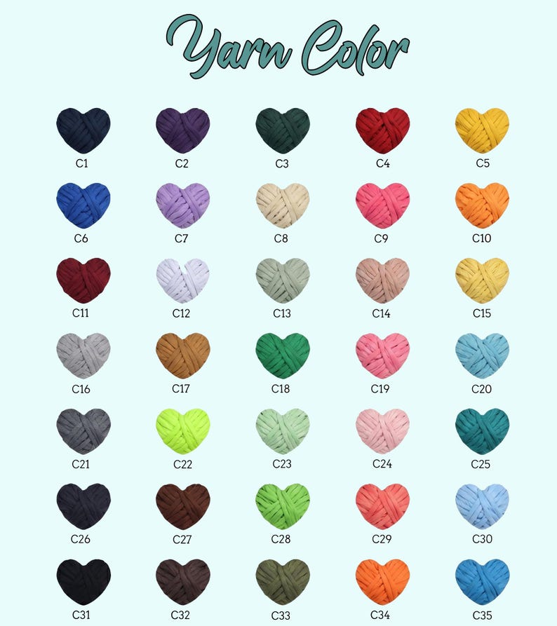 May include: A colour chart displaying 35 heart-shaped yarn samples in diverse shades, labelled C1 to C35. The text "Yarn Color" is at the top. Colours include navy, purple, green, red, yellow, blue, lavender, beige, pink, and orange.