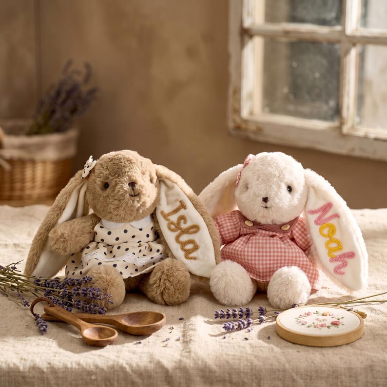 May include: Two soft toy bunny rabbits, one brown and one white, each wearing a dress. The brown bunny has "Isla" embroidered on its ear, and the white bunny has "Noah" embroidered on its ear. Lavender and wooden spoons are in the foreground.