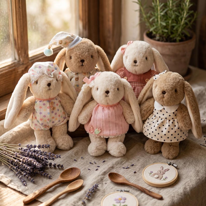 May include: A group of soft toy bunny rabbits, each dressed in different outfits such as dresses and pyjamas. The bunnies are beige and white, with long ears and embroidered faces. Accessories include lavender, wooden spoons, and embroidered hoops.