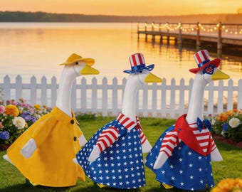 Ropa de ganso para porche, impermeable amarillo de ganso para patio, conjunto de ropa y sombrero de ganso con la bandera estadounidense, decoración para porche de jardín