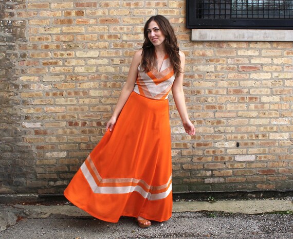 Vintage 1970s Two-Piece Halter Top & Skirt - Neon