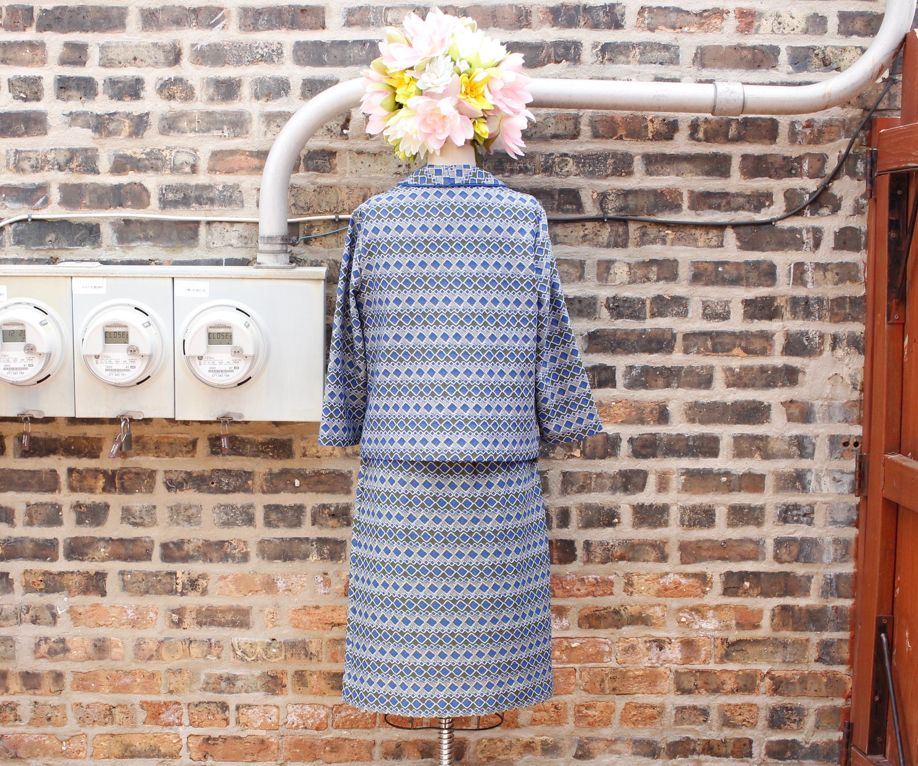 Vintage 1960s Knit Skirt Suit Blue 