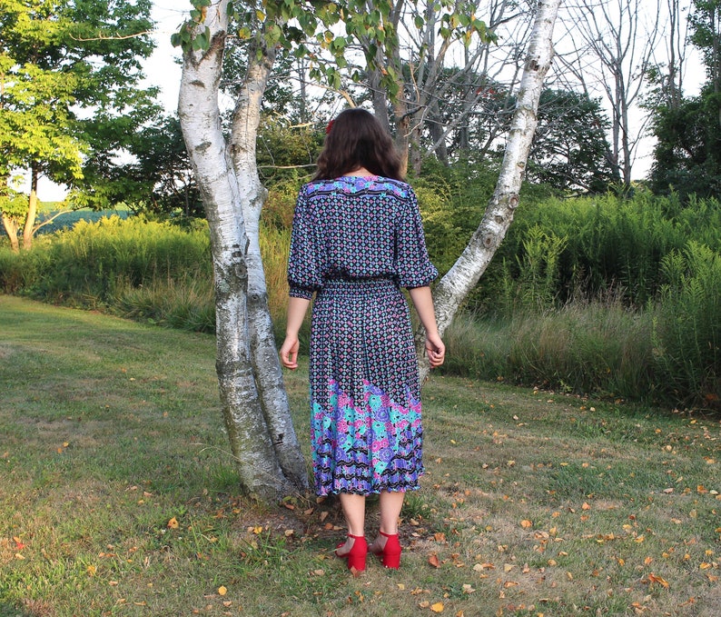 SM Shoulder Pad Purple /& Black Floral Print Dress Vintage 1980s Pleated Party Dress