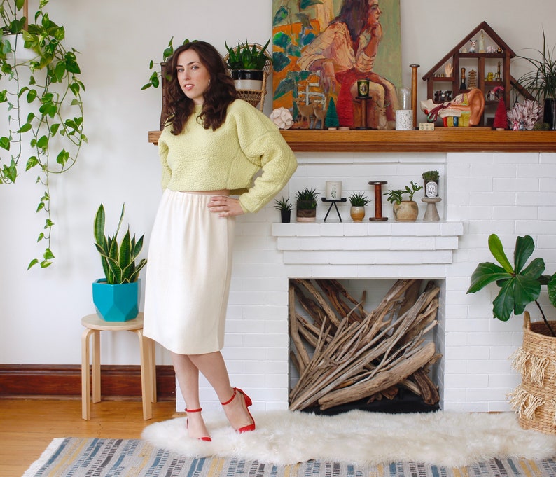 Vintage 1970s Fuzzy Cashmere Skirt L Peal Off-WhiteIvory Stretchy Knit Skirt N