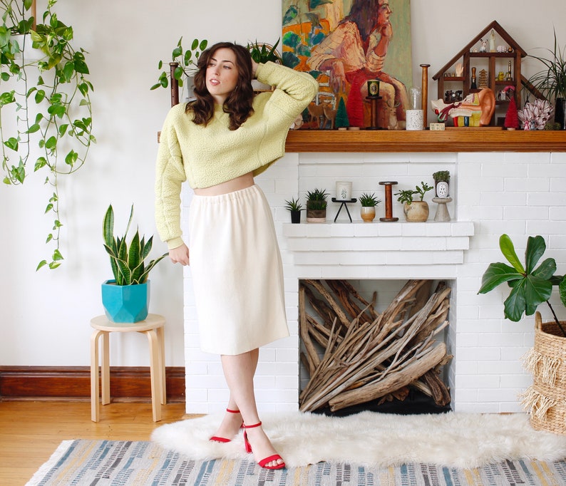 Vintage 1970s Fuzzy Cashmere Skirt L Peal Off-WhiteIvory Stretchy Knit Skirt N