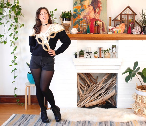 Vintage 1990s Beaded Sweater - Black, White & Gold