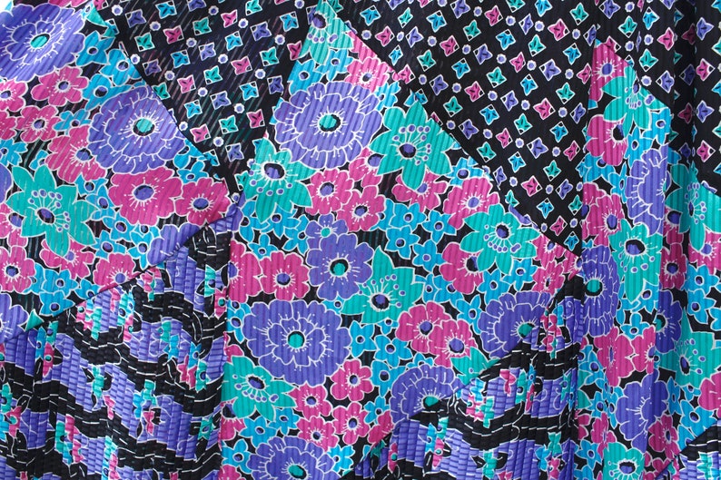 SM Shoulder Pad Purple /& Black Floral Print Dress Vintage 1980s Pleated Party Dress