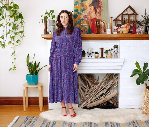 Vintage 1980s Shirt Dress - Purple Paisley Floral