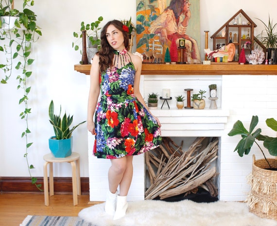 Vintage 1980s Bright Floral Party Dress - Julie Du