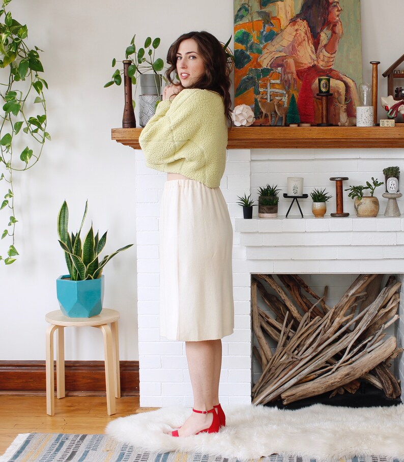 Vintage 1970s Fuzzy Cashmere Skirt L Peal Off-WhiteIvory Stretchy Knit Skirt N