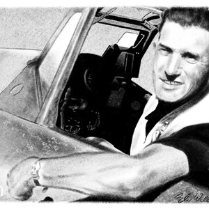 May include: A black and white pencil drawing of a man smiling in the cockpit of an airplane. The drawing shows the man's face, part of the plane's dashboard, and the plane's frame. The artist's signature is in the bottom right corner.