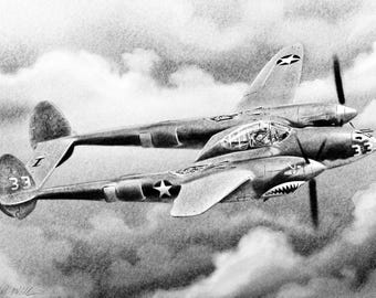 Impresión digital de arte original del P-38 Lightning, 11x17 pulgadas.