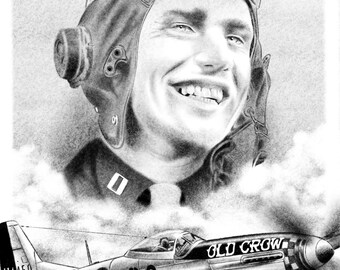 Retrato de Bud "Old Crow" Anderson, as de la aviación P-51 Mustang (11x17 pulgadas)