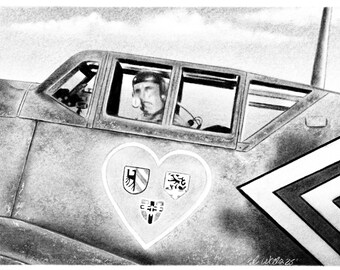 Dibujo a carboncillo del as de la aviación alemán Hannes Trautloft, arte digital para pared, 11x17