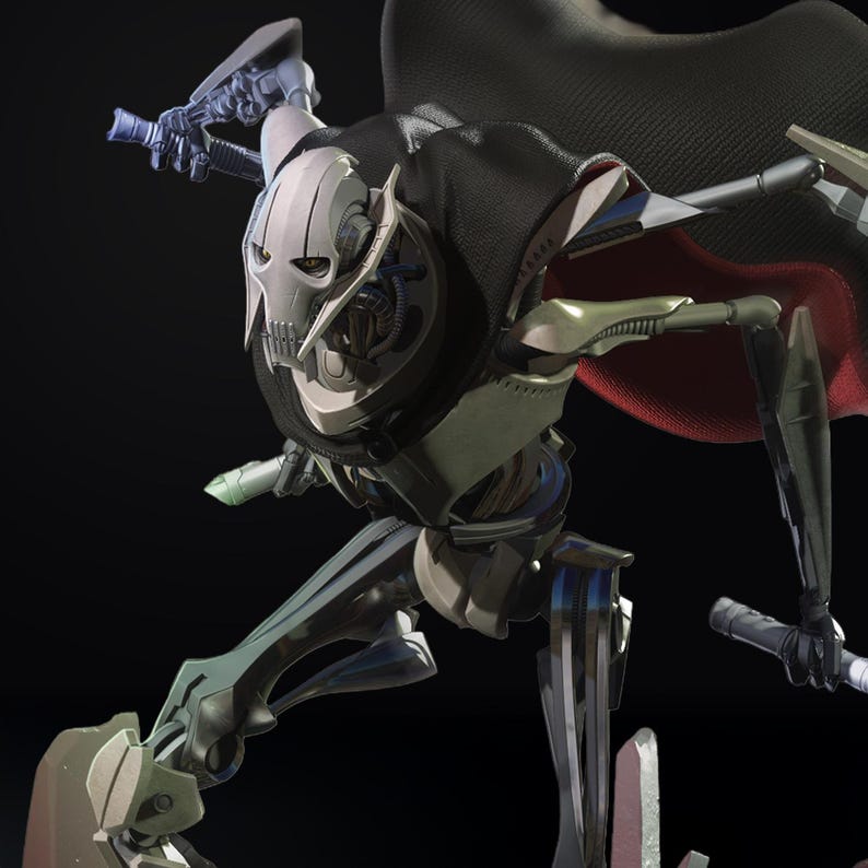 May include: A detailed 3D render of a robotic figure, General Grievous, from Star Wars. The figure is primarily metallic with a white face mask, black cape, and multiple arms. The pose is dynamic, suggesting action, with lightsabers.