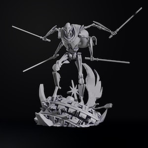 May include: A gray General Grievous figurine, a fictional character from the Star Wars franchise, stands on a detailed base. The figure is holding four lightsabers. The base features a star and a crashed spaceship.